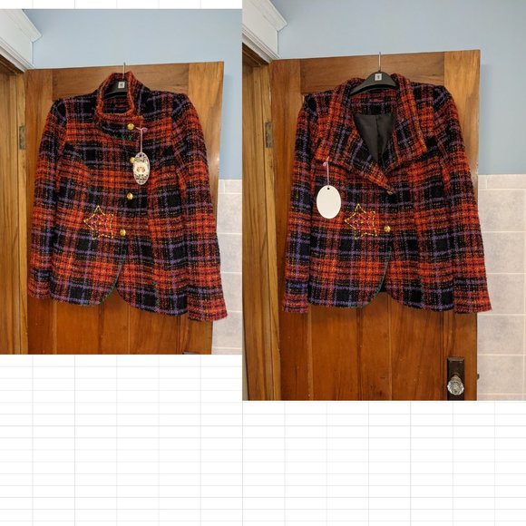 NWT Joe Browns sz 10 red tweed embroidered coat plaid tartan Star - Picture 1 of 8